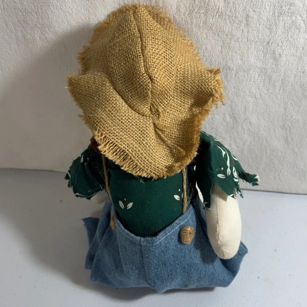 Adorable Bunny scarecrow Doll Plush Stuffed Animal Straw‎ Hat Denim Overall